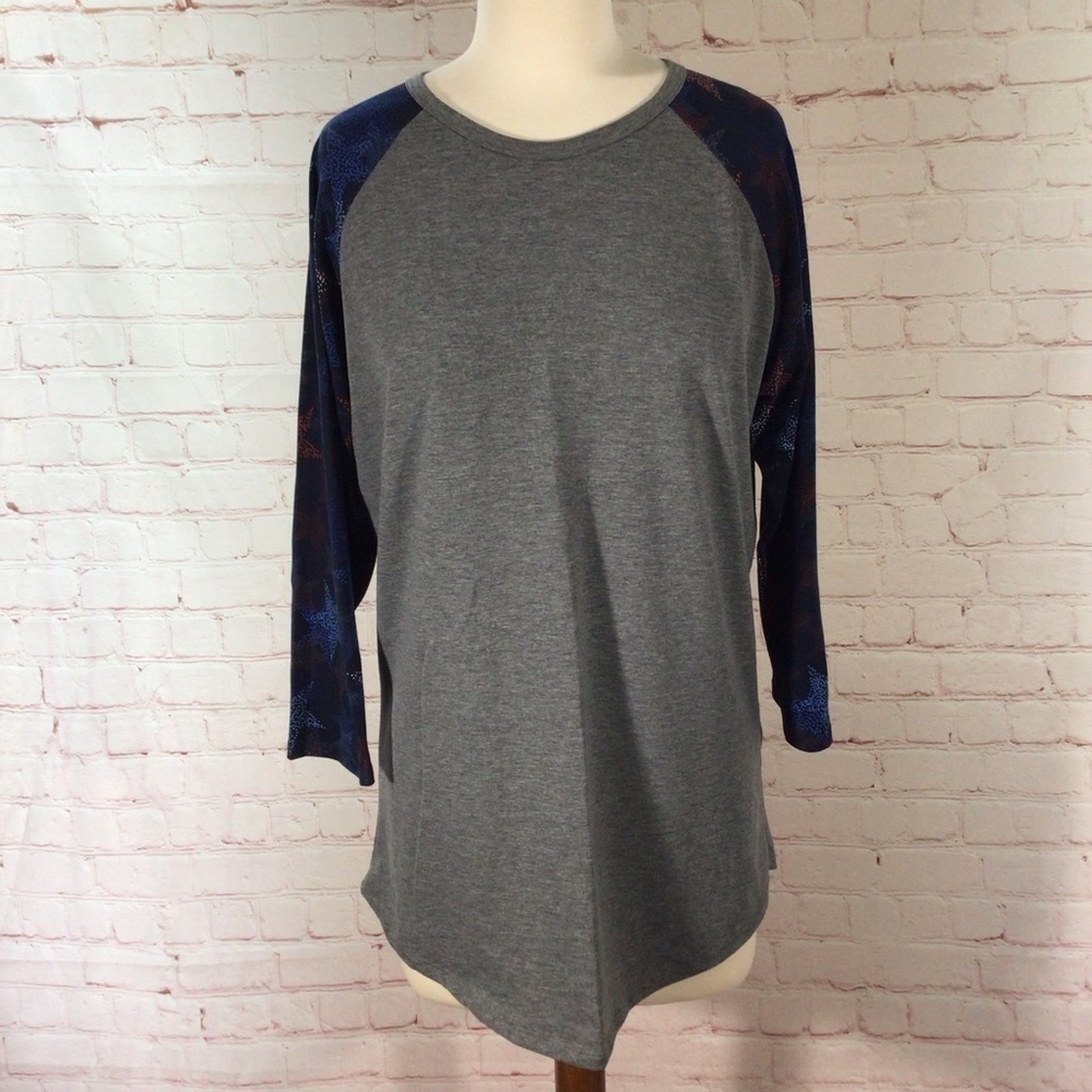 LuLaRoe Randy Gray with Patriotic Star Sleeves Top - Size Medium